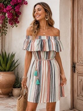 THML Off Shoulder Striped Tassel Belt Dress Boho Resort Summer Small